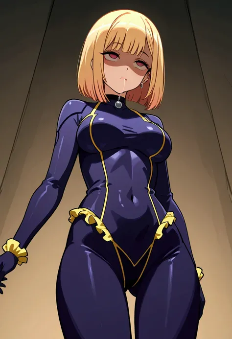 Kitagawa marin, neutral, expressionless, standing, up view, blunt cut, bob, blunt bangs, bob cut, blonde hair, wiry, gloves, choker, bodysuit,,Shaded face, drooling , saliva trail, rolling eyes, no pupils, 1girl, solo,