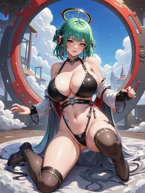 1girl, large breasts, breasts, wide hips, green hair, highleg bikini, bikini, black bikini, smirk, smile, futuristic, science-fiction, tech, neon trim, machinery, short hair, headset, helmet, head-mounted device, mind control, hypnosis, covered eyes, ((vr ...