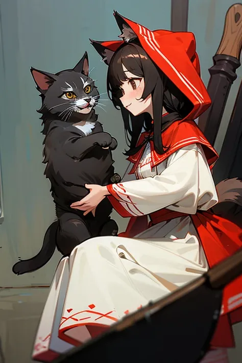  top quality,   Ultra High Resolution,(( cute  playing with cats)),( small tits),Wolf ears、Wolf Tail、He has a big axe in his hand、 semi-long black hair, brown eyes, Little Red Riding Hood,white and red costume