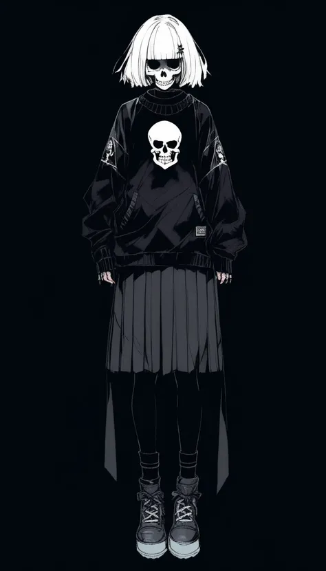 (  armour skirt  , sketch:1.2),  dark monochrome background , Japanese manga,Illustrator,Japanese manga,1 skull ,sweater,, completely black background, Neon hair, Texture Cut out ,Canadian, synth,  masterpiece , style: Classic retro,  black background, unt...