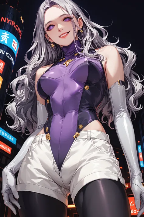   best image quality、   Masterpiece、   、（Shooting Resolution  ：1.4）、   cinema、 Bottom View、   cyberpunk night city  、   girl、   silver wavy hair 、SILVER SHORTS  、whole body、smile、1 Character 、    Purple Eyes、   metallic purple high neck leotard、   silver o...