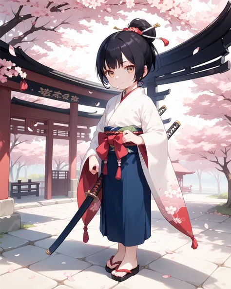 young, onna-bugeisha, onna-bugeisha clothing, katana, hold by two hands, cherry blossom tree background, full body