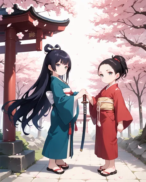 young, onna-bugeisha, onna-bugeisha clothing, katana, hold by two hands, cherry blossom tree background, full body