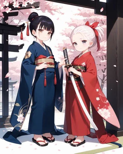 young, onna-bugeisha, onna-bugeisha clothing, katana, hold by two hands, cherry blossom tree background, full body