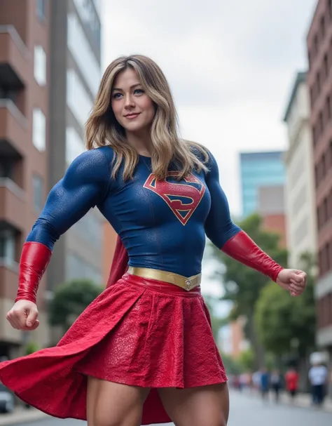 Photo Karen Fukuhara as supergirl, Kimiko,karfuk, a nerdy cute young woman superhero, seductive posing, She has a strong bulky and muscular build, buff body. strong muscular neck.wearing tight supergirl long sleeve outfit with skirt,red knee high boots,vib...