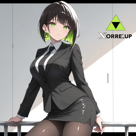 masterpiece, (((( best quality )))),1 girl, Japanese Anime ,character profilele,shiny skin, wearing a black suit,skirt suit, black tie , dark hair, short bob hair,The inner color of the hair is green, green eyes,isosceles triangle earrings, black tights,la...