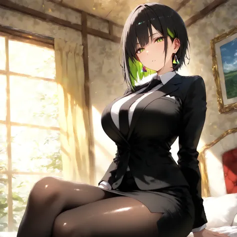 masterpiece, (((( best quality )))),1 girl, Japanese Anime ,,shiny skin, wearing a black suit,skirt suit, black tie , dark hair, short bob hair,The inner color of the hair is green, green eyes,isosceles triangle earrings, black tights,large breasts