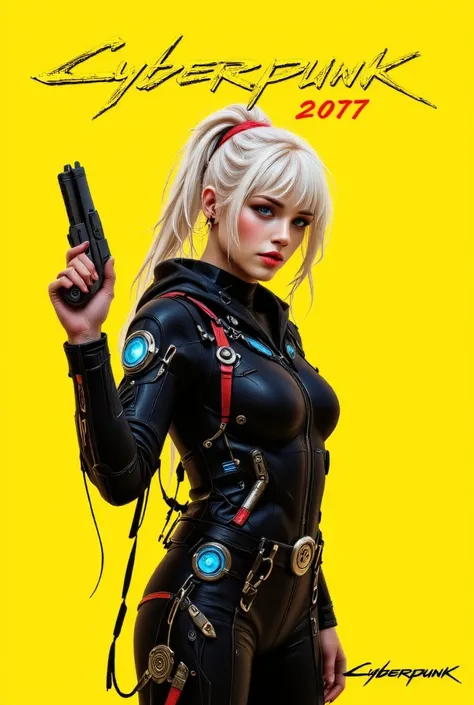 Cyberpunk 2077, game cover, pretty female character holding a gun against a yellow background in a full-body shot, big breast, red hair,  in the style of a game poster. The game title "Cyberpunk 2077" appears above the character's head in bold letters with...