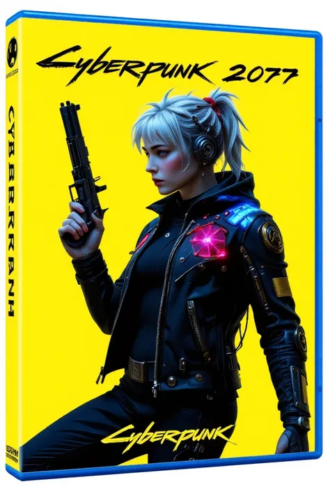 Cyberpunk 2077, game cover, pretty female character holding a gun against a yellow background in a full-body shot, big breast, red hair,  in the style of a game poster. The game title "Cyberpunk 2077" appears above the character's head in bold letters with...