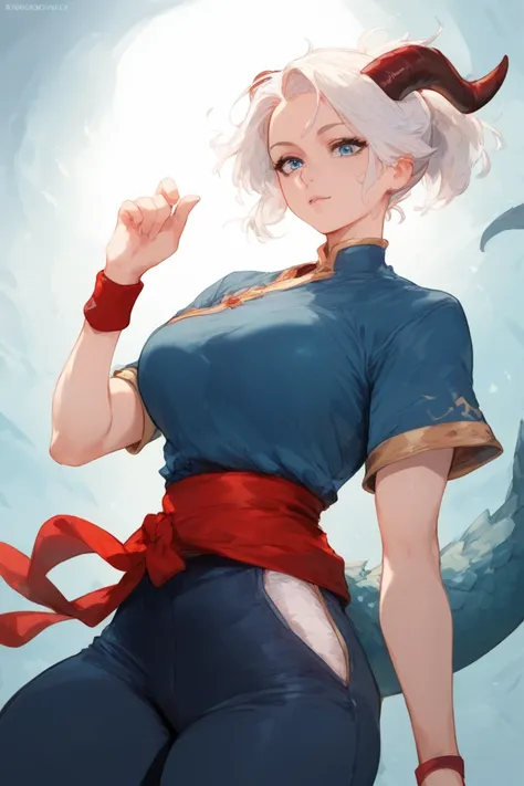 Woman, fair skin, blue eyes, white hair, short hair,Ponytail , anime style, blue dress Red detail ,red sash, red wristband, dark blue wide pants,,Horns, dragon scales 