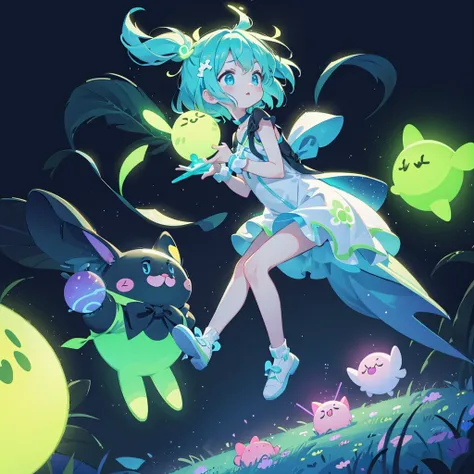 Cute fluorescent creatures floating in the air、 neon color、 black light 、 simple black background 、