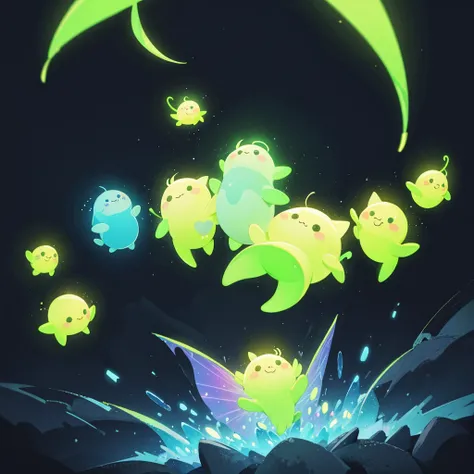 Cute fluorescent creatures floating in the air、 neon color、 black light 、 simple black background 、