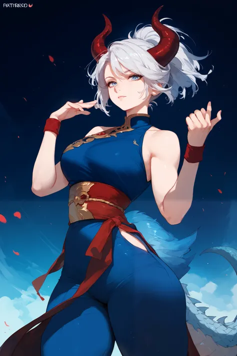 Woman, fair skin, blue eyes, white hair, short hair,Ponytail , anime style, blue dress Red detail ,red sash, red wristband, dark blue wide pants,,Horns, dragon scales 