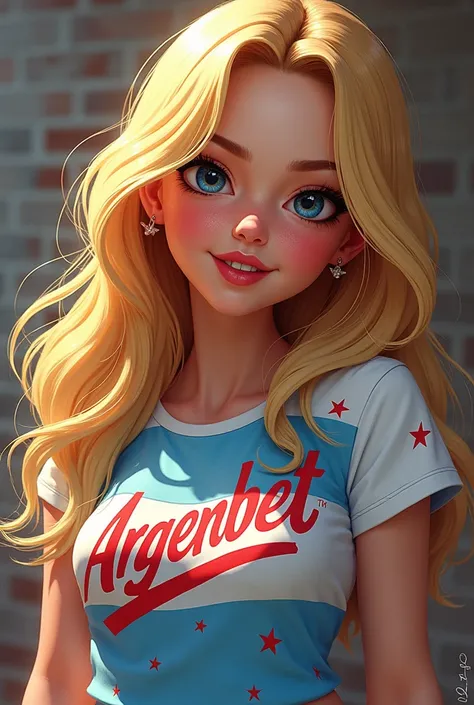 A girl with blond hair, With an Argentinian t-shirt that says ARGENBET. Bratz type  