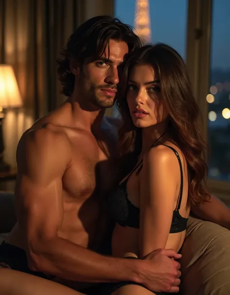 Sexually suggestive portrait of a very sexy couple making love in a hotel room in Paris, ((Very handsome French man with a very sexy 19 year old Super model)), Short and long brunette wavy hair, perfect big breasts:1.3, well built man, wearing very sexy bl...