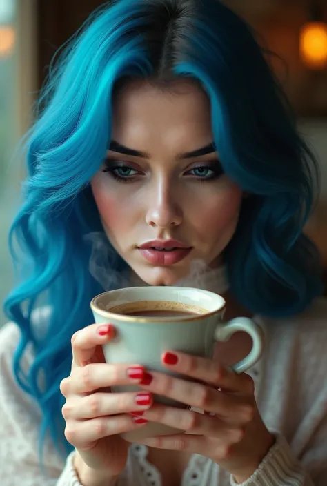 Make her drinking coffee with big blue hair realistic and sexy 