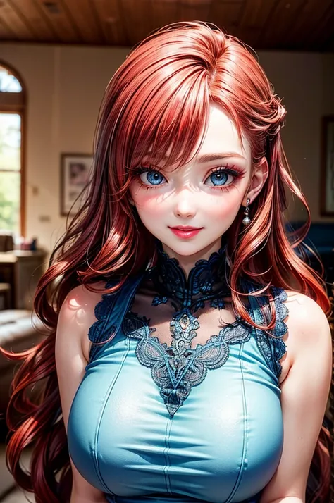 Masterpiece, ((1 girl, Red Hair)), ((Best Quality)), (Ultra-detailed), Highly detailed, ((Big Breasts, Tick Red Hair, Shiny Red Hair)), ((Close up)), Perfect Lighting, Perfect background, ((Very Long Hair, Wavy Hair, Curly Hair, Red hair, Blue eyes)), ((40...