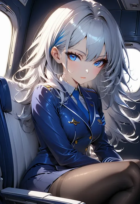 ultra detailed, absolutely resolution, masterpiece. 
cool beauty flight attendant, sitting in front and looking coolly out the window, white shining glossy silky hair, hairstyle with hair arrangement, captivating blue eyes, sexy beauty expression, lewd gre...