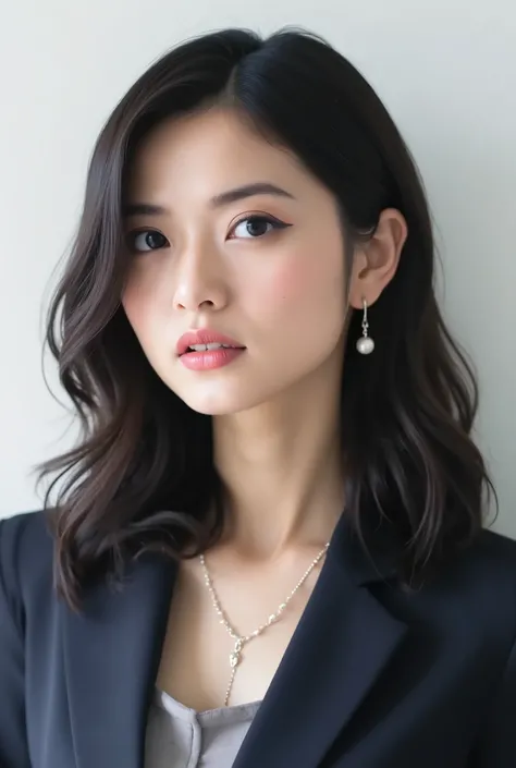 Beautiful Japanese Woman 、、 She is wearing an office lady suit、濃いeyeshadow 、Hairstyle: Medium long、wavy hair 、 Hair 、ear piercing、 Empty Expressions 、 necklace、 white backgr
