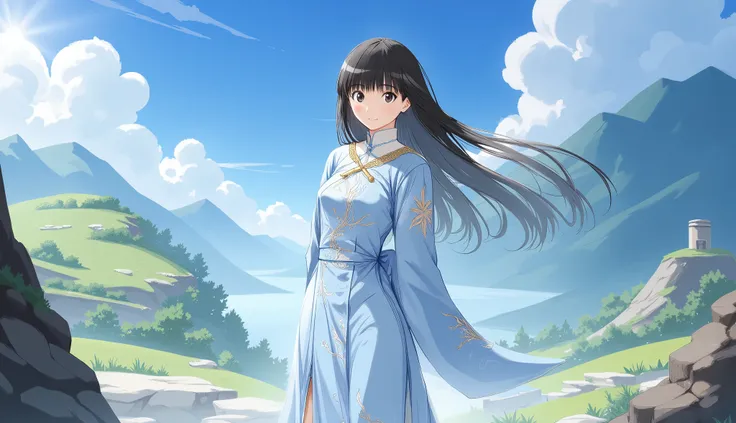 １ women over、 black hair、 light blue china dress、Dragon patterned Chinese dress、 beautiful landscape、 best smile、 detailed background on a futon、blue sky、 slit、 standing