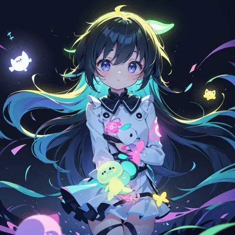 Cute fluorescent creatures floating in the air、 neon color、 black light 、 simple black background 、Long hair that shines in seven colors