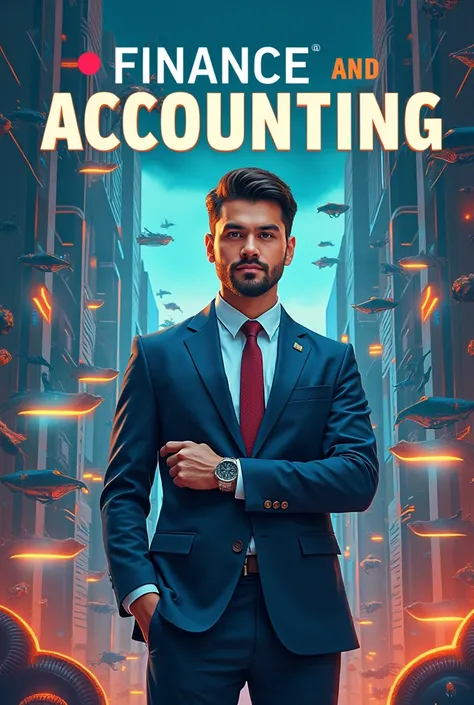 poster advertising finance and accounting course, a man standing in the middle with finance and accounting background with the word finance and accounting