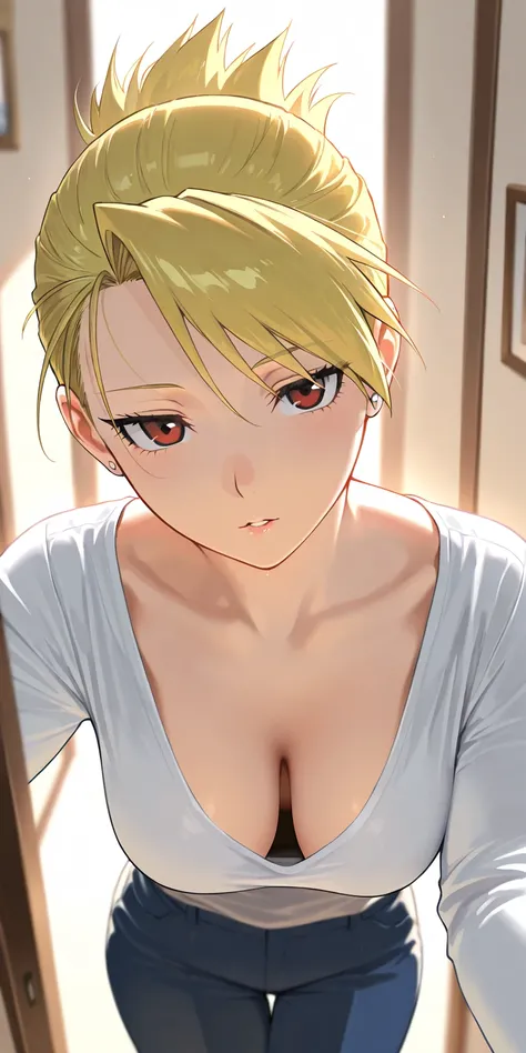 Masterpiece, elegant mature woman, riza hawkeye, updo hair, tall body, slim, casual long sleeve shirt, downblouse, seductive, upper body, parted lips, dynamic lighting, ultra detailed, highres, absurdres, home, fullmetal alchemist anime style