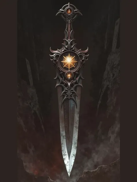 A beautiful black metal dagger with a circle between the blade and the handle, item showcase,  medieval dark fantasy ,  Valorant art style, comics style, digital paint, anime, 