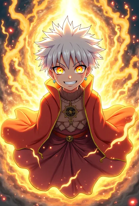  create a Naruto ,  style anime image with Yellow Rinegan and Supreme Rinegan and Jutsu of a Thousand Hands, Descendant of Buddha , White hair and a cheerful look