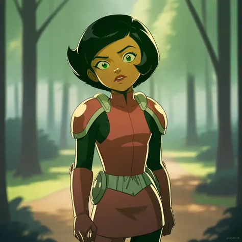 score_9_up, score_8_up, BREAK, Megan, 1girl, solo, black hair, short hair, green eyes, dark skin, lipstick,  bodysuit,  shoulder pads, armor, skirt, cowboy shot, outdoors, depth of field, looking at viewer, forest,