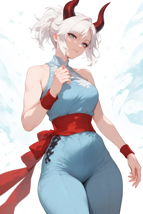 Woman, fair skin, blue eyes, white hair, short hair,Ponytail , anime style, blue dress Red detail ,red sash, red wristband, dark blue wide pants,White boot ,Horns, dragon scales 