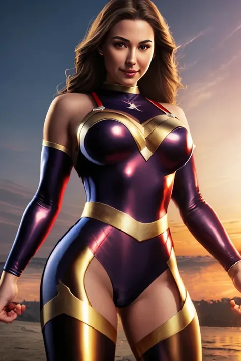 beautiful heroine、 whiplash outside the body、 masterpiece、ruins、dusk、red and blue full body suit、 best image quality、 realism、 4K resolution、 perfect body 、Smile、Realistic、 unobtrusive 、one point gold、Voluptuous、silver belt 、latex、Brown tights