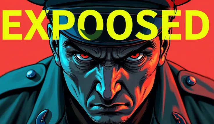 FAÇA UMA THUMBNAIL PARA UM EXPOSED, WHERE THERE IS THE FACE OF SOMEONE LOOKING AT THE PHOTO WITH AN INDIGNANT LOOK WHO IS A SOLDIER AND HAS WRITTEN THE WORD EXPOSED ON TOP OF THIS YELLOW NEON ART