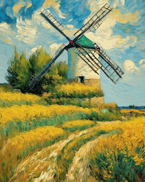 windmill, Very heavy tax, impressionism, Thick spatula.  masterpiece,  high resolution sweatshirt, van gogh style.