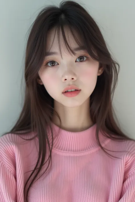 Japanese human girl　live-action　とびきり beauty　 wearing a pink sweater
The hair is straight and long　I'm in Shibuya 　The eyes are large　 looking at the camera　 shows all of the upper body　 her nose is clear 　 beauty　 model　Clear cheeks 　A clean nose　 has big ...