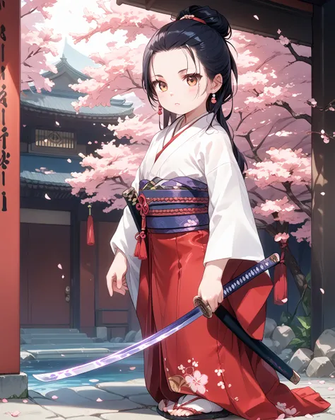 young, onna-bugeisha, onna-bugeisha clothing, katana, hold by two hands, cherry blossom tree background, one katana, full body