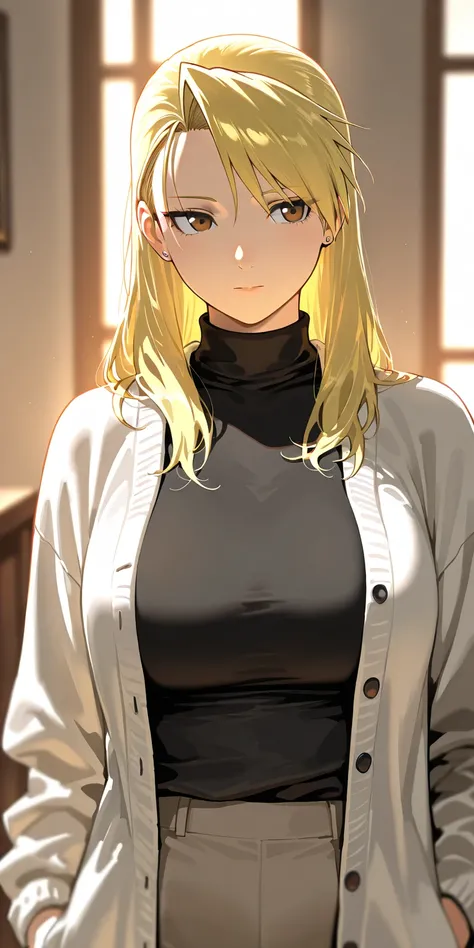 Masterpiece, mature woman, riza hawkeye, long hair, tall body, open cardigan, upper body, dynamic lighting, ultra detailed, highres, absurdres, home, fullmetal alchemist style