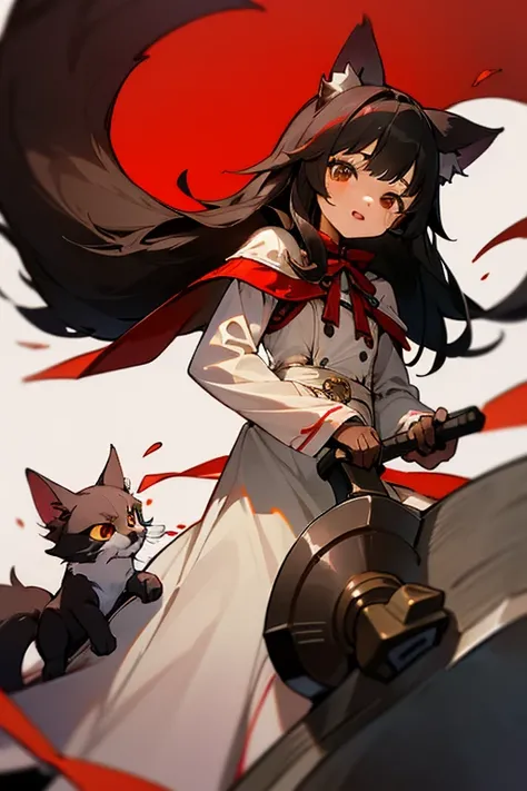  top quality,   Ultra High Resolution,(( cute  playing with cats)),( small tits),Wolf ears、Wolf Tail、He has a big axe in his hand、 semi-long black hair, brown eyes, Little Red Riding Hood,white and red costume