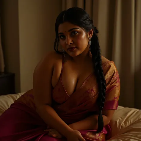 Chubby girl wearing a saree showing deep cleavage. She has a long french thick braid. Her body is fully wet. She is sitting on the bed. Side view. Cinematic lightings 