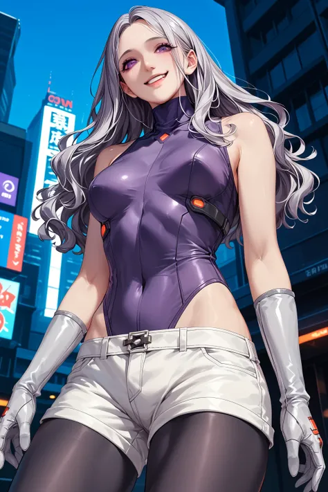   best image quality、   Masterpiece、   、（Shooting Resolution  ：1.4）、   cinema、 Bottom View、   cyberpunk night city  、   girl、   silver wavy hair 、SILVER SHORTS  、whole body、smile、1 Character 、    Purple Eyes、   metallic purple high neck leotard、   silver o...