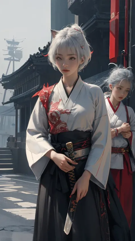 A beautiful Korean woman with short white hair wearing a white and black yukata and carrying a sword 、Beautiful Korean woman with short white hair.  surrealism style like the picture.  pastel tone .  midshot .  dramatic light .perfect faces, Tattered, red ...