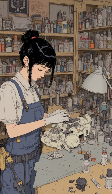  beautiful Japanese woman who makes plastic models of Gundam 、Wear work clothes and white gloves、 plastic model work room 、 beautiful Japanese woman making a Gundam model kit with unopened plastic models lined up on the wall 、coating、airbrush、putty、 tools ...