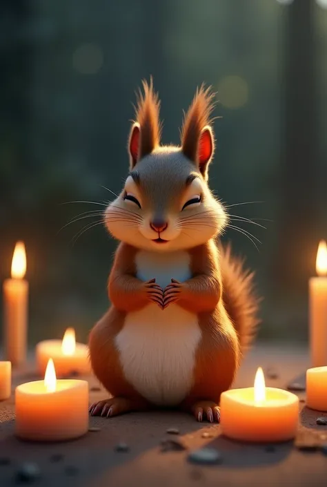 A squirrel protesting sitting with hands folded and eyes closed with several candles around it And say Taehyun Win