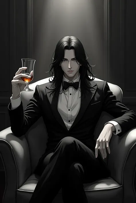 Imagine a long haired man with black hair, in a sofa, wearing tuxedo, drinking whiski in anime style black and white