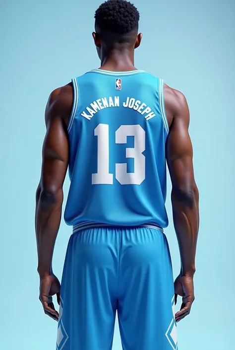 Generated an image of a sky blue basketball back jersey with the name Kamenan Joseph with the number 13 add lokse horses 