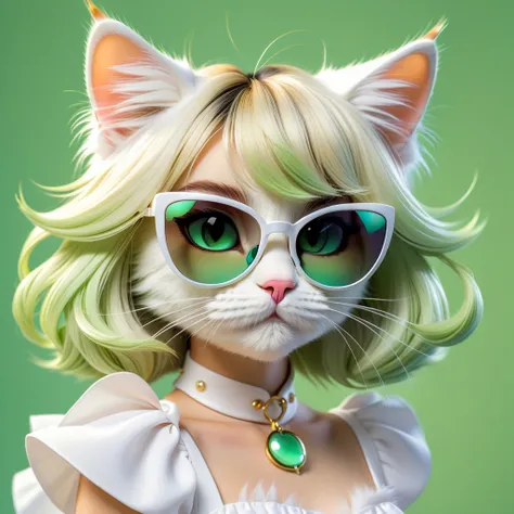 Close-up photo of a cat in a white dress,  cute cat girl , artificial cat , Female cats with personality ,  fluffy digital art with black sunglasses, an artificial cat ,  Furry Fantasy Art , beautiful young cat ears girl,  long hair,ブロンドの long hair, blonde...