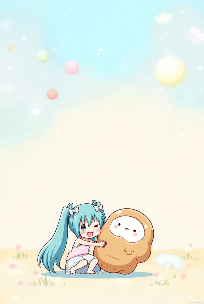 Draw miku and cinnamon roll from sanrio together with baby blue bows and a pink tank top and cute blue skirt