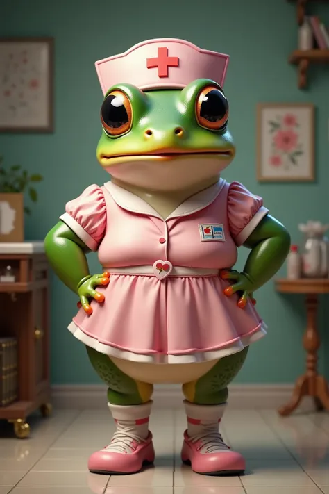 photorealistic portrait of Dressed animals - a ((fat)) (baby frog) nurse,(art by Giuseppe Arcimboldo),(elegant pose:1.2),(),(hands on hips:1.2), (happy smile:1.5),(happy),high quality,(lovely) ,intricate details, highly detailed ((pink nurse clothes)), wea...