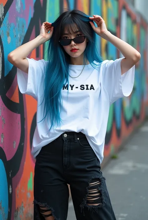 A long-haired Japanese girl dyed blue ash mixed black,  sunglasses, standing next to a wall with vibrant graffiti art . the girl is wearing a white oversize t-shirt with writing,,MY-SIA,, on it japanese style,The girl's hands split her hair, Long black pan...