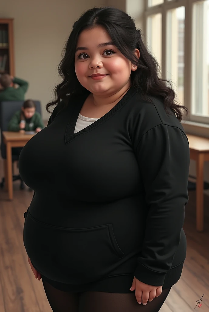 A chubby girl in a tight black school jumper with black nylon tights with a Kazakh appearance